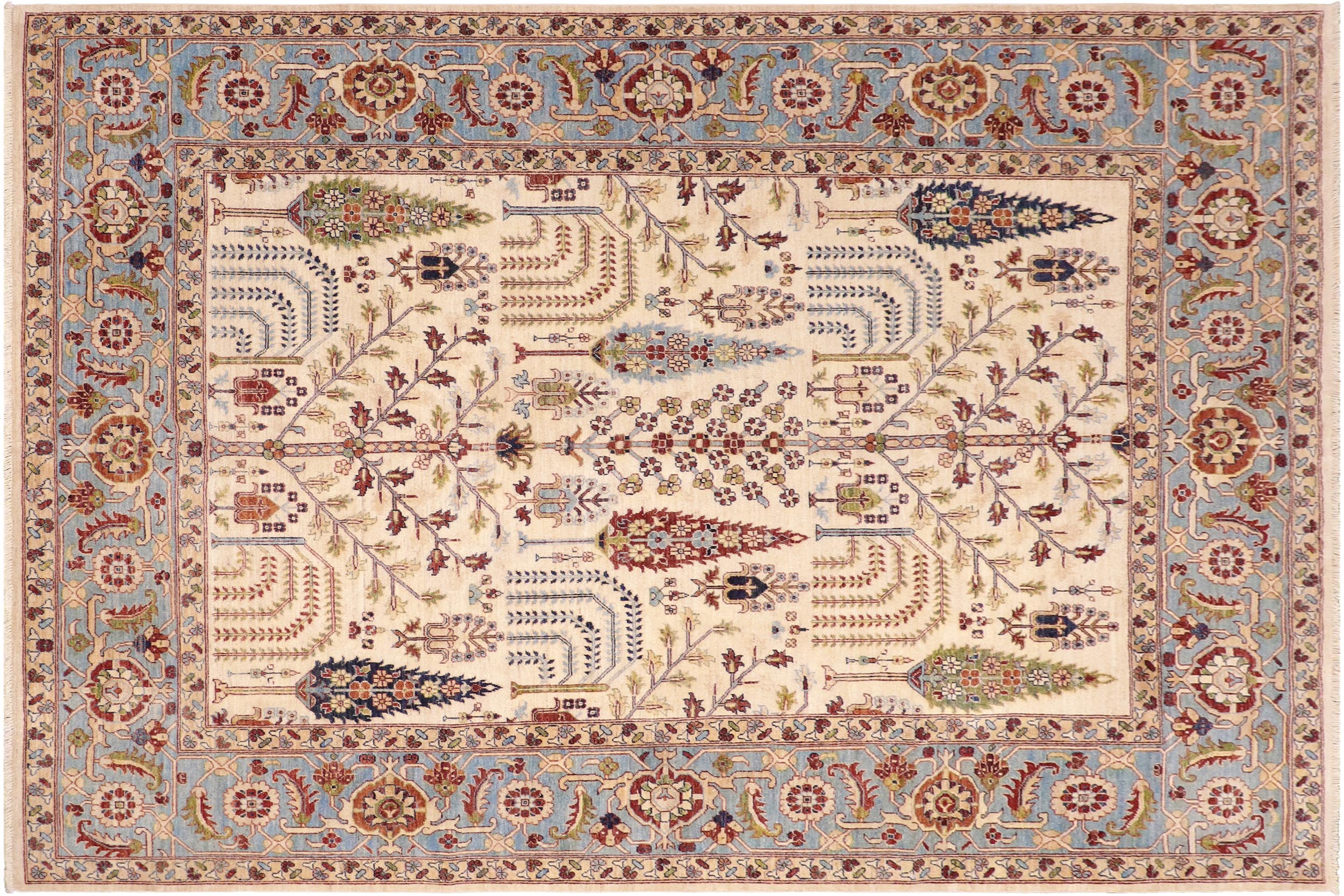 handmade Geometric Kafkaz Beige Blue Hand Knotted RECTANGLE 100% WOOL area rug 8' x 10'