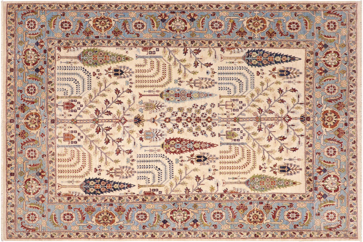 handmade Geometric Kafkaz Beige Blue Hand Knotted RECTANGLE 100% WOOL area rug 8' x 10'