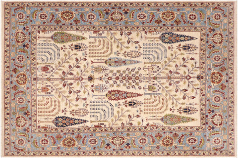 handmade Geometric Kafkaz Beige Blue Hand Knotted RECTANGLE 100% WOOL area rug 8' x 10'