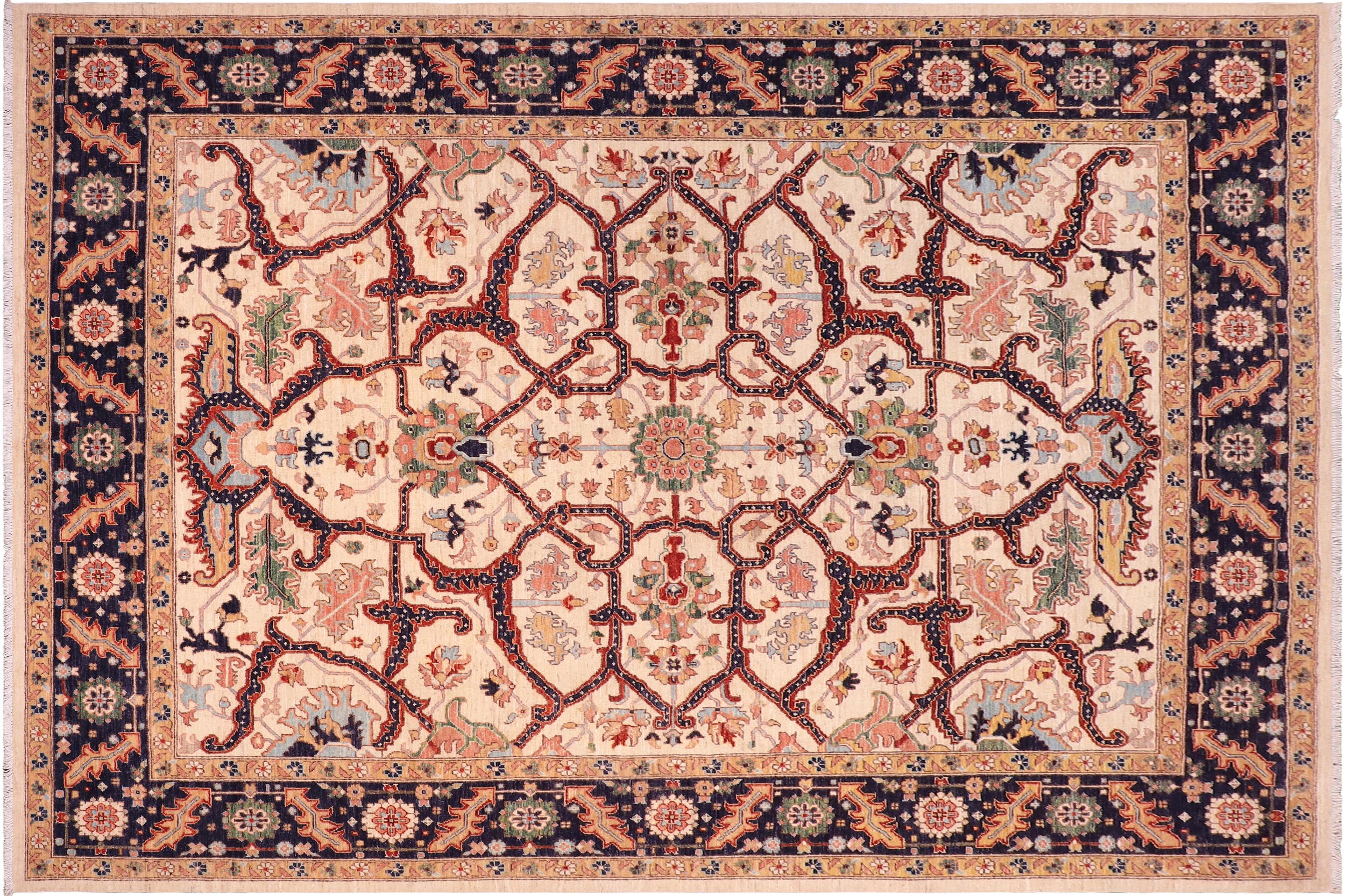 handmade Traditional Kafkaz Ivory Blue Hand Knotted RECTANGLE 100% WOOL area rug 8x9