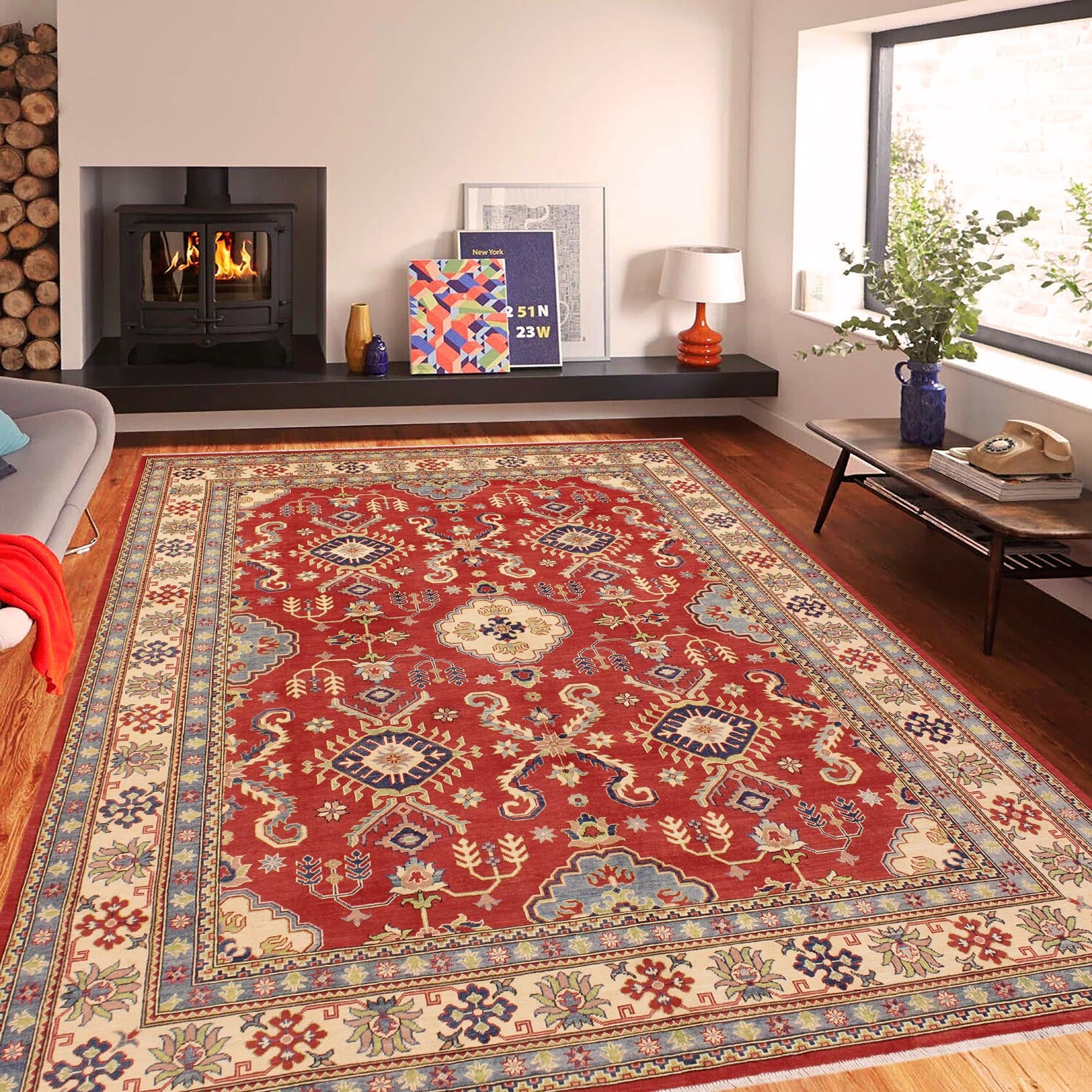 handmade Geometric Kazak Red Beige Hand Knotted RECTANGLE 100% WOOL area rug 9'X12'