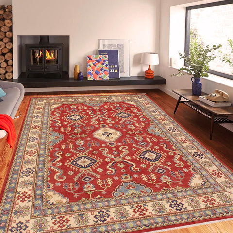handmade Geometric Kazak Red Beige Hand Knotted RECTANGLE 100% WOOL area rug 9'X12'