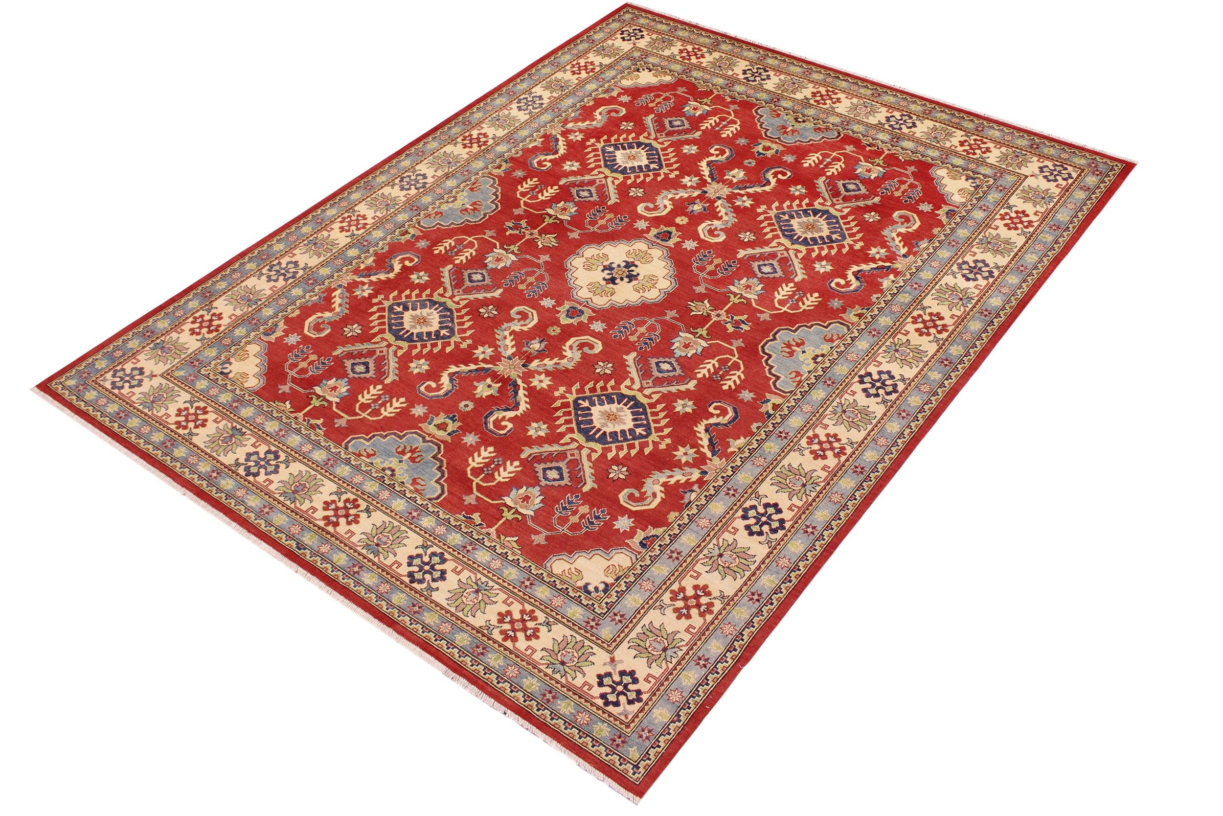 handmade Geometric Kazak Red Beige Hand Knotted RECTANGLE 100% WOOL area rug 9'X12'