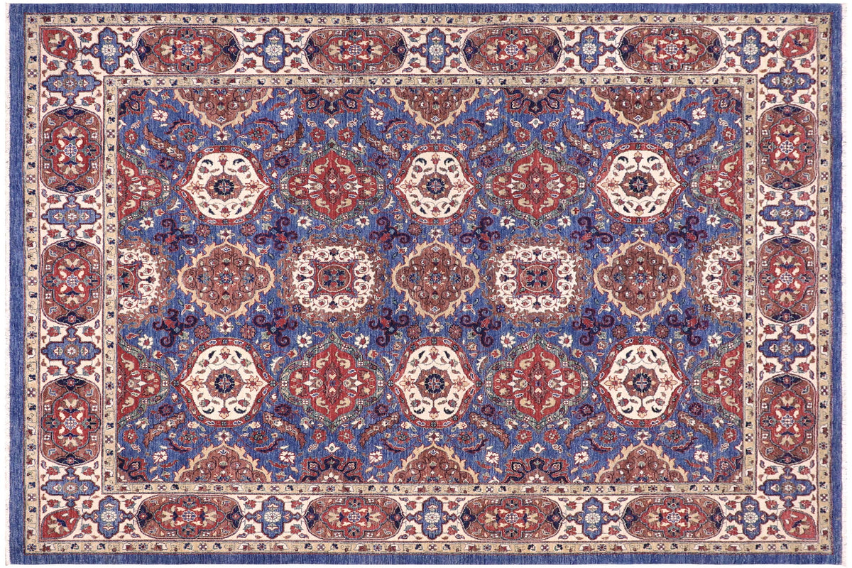 handmade Transitional Kafkaz Blue Ivory Hand Knotted RECTANGLE 100% WOOL area rug 8' x 10'