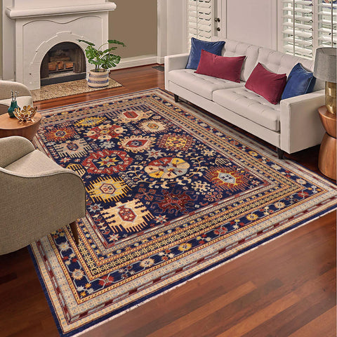 handmade Geometric Kafkaz Blue Beige Hand Knotted RECTANGLE 100% WOOL area rug 9' x 12'