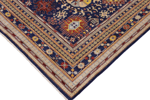 handmade Geometric Kafkaz Blue Beige Hand Knotted RECTANGLE 100% WOOL area rug 9' x 12'