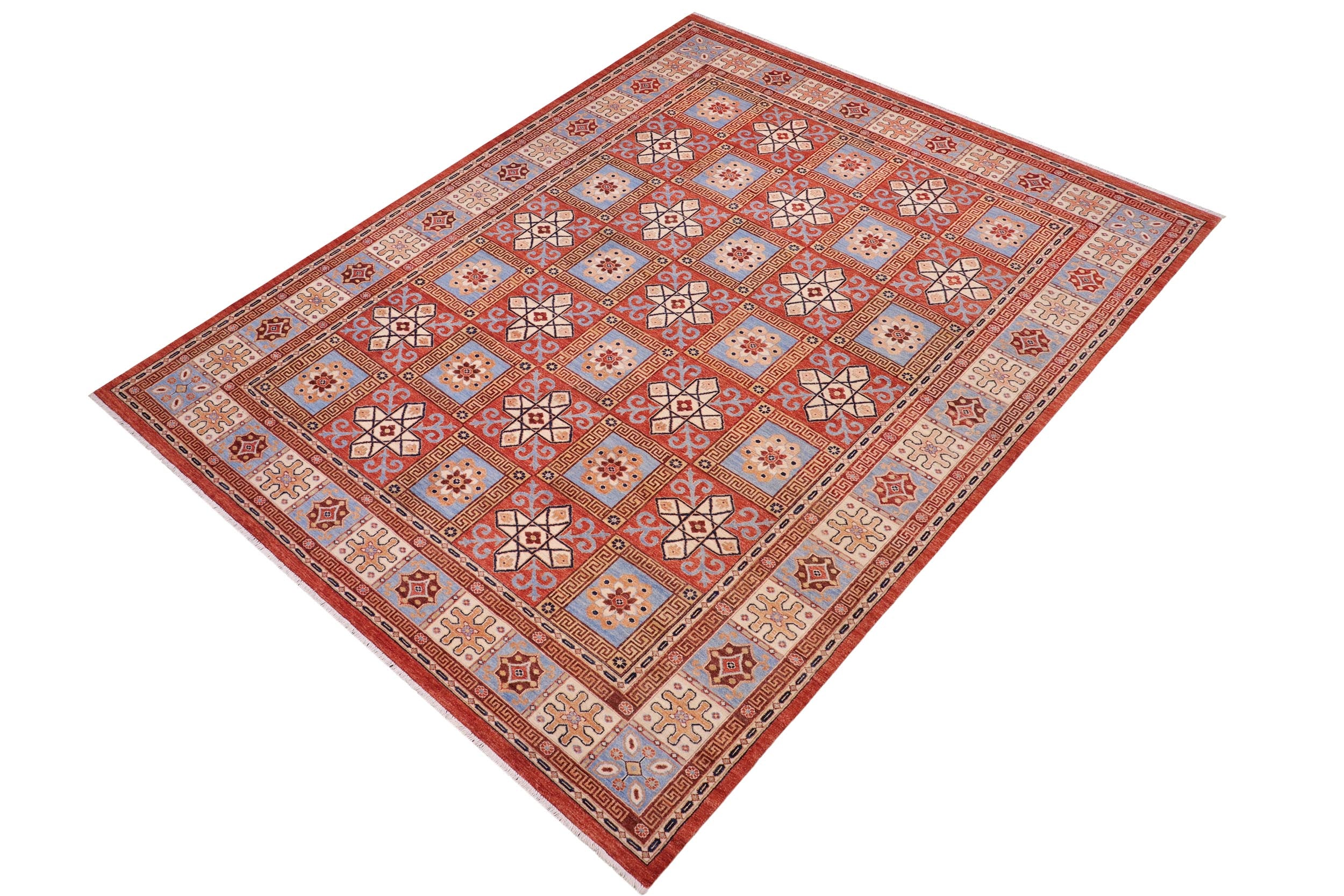 handmade Geometric Kafkaz Rust Beige Hand Knotted RECTANGLE 100% WOOL area rug 9' x 12'