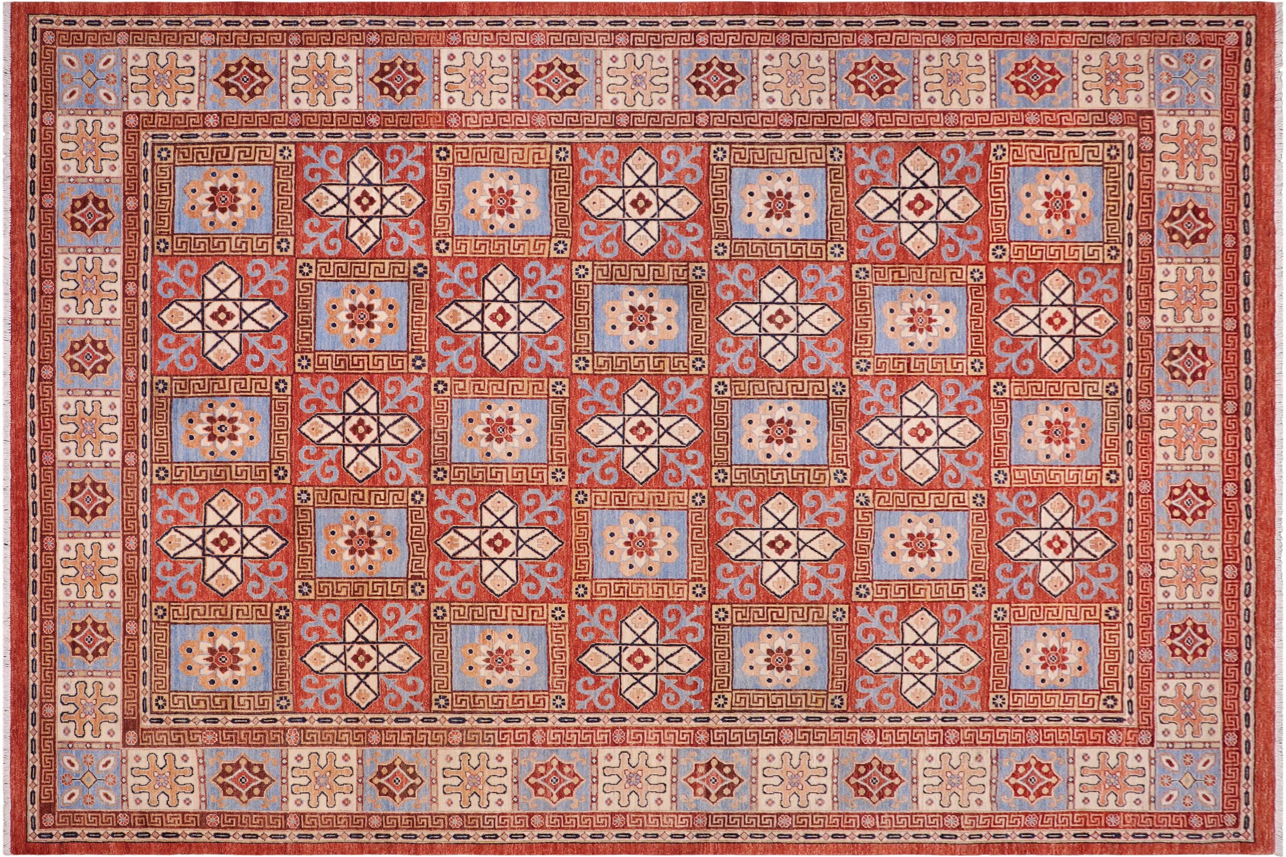 handmade Geometric Kafkaz Rust Beige Hand Knotted RECTANGLE 100% WOOL area rug 9' x 12'