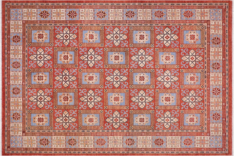 handmade Geometric Kafkaz Rust Beige Hand Knotted RECTANGLE 100% WOOL area rug 9' x 12'