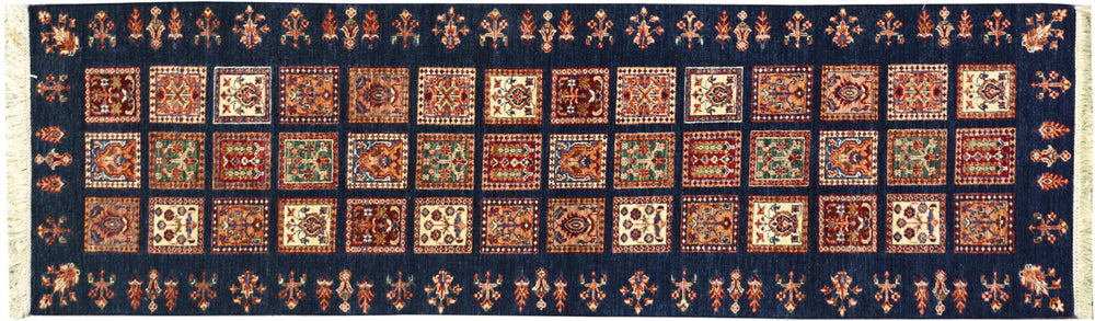 handmade Geometric Khurgeen Blue Gold Hand Knotted RUNNER 100% WOOL area rug 3x10