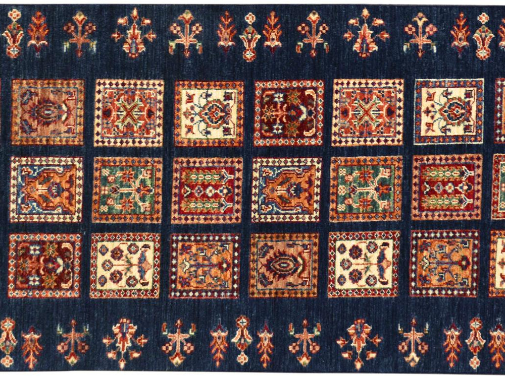 handmade Geometric Khurgeen Blue Gold Hand Knotted RUNNER 100% WOOL area rug 3x10