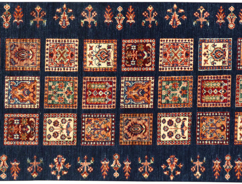 handmade Geometric Kurjean Blue Gold Hand Knotted RUNNER 100% WOOL area rug 3x10