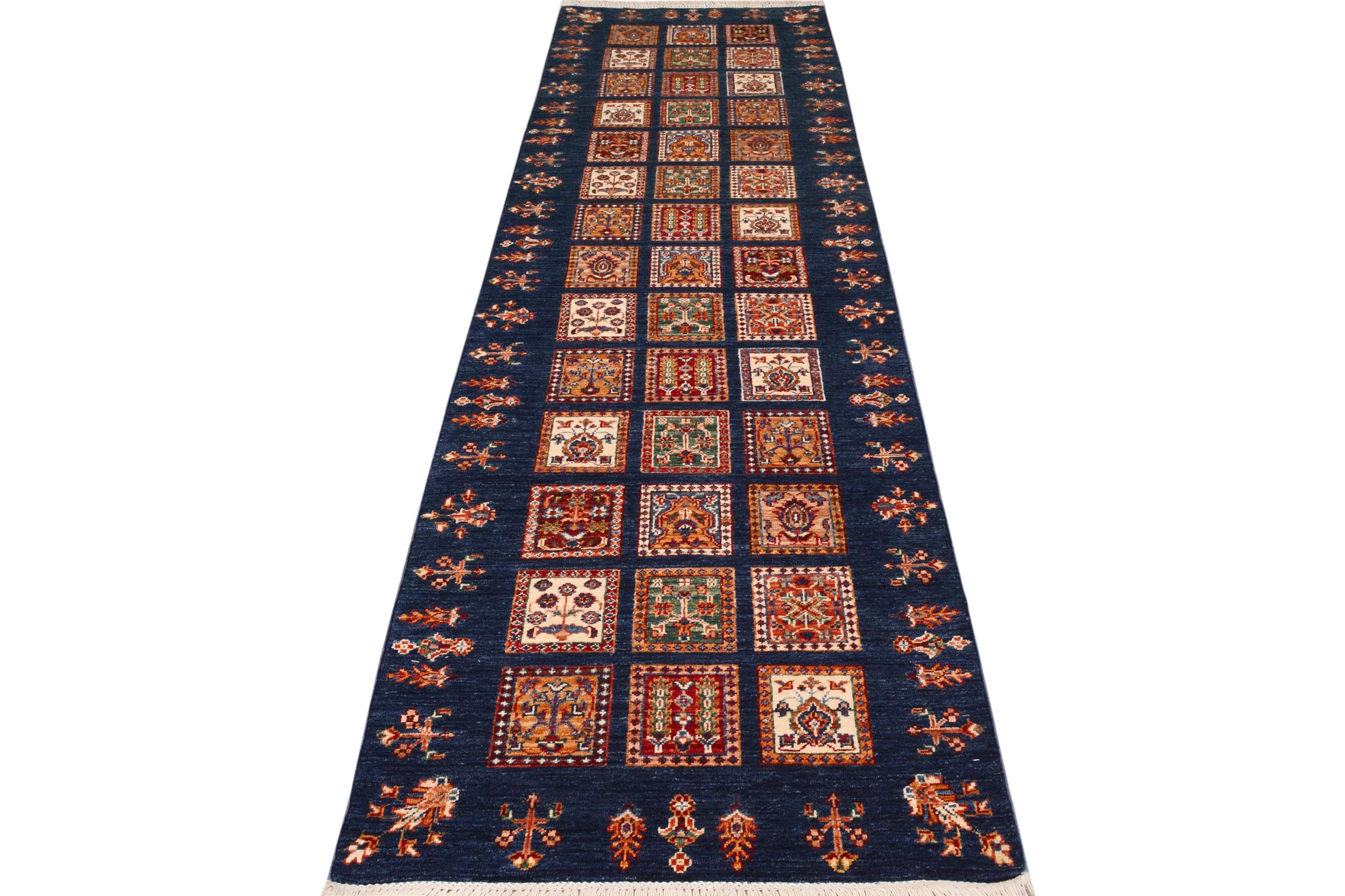 handmade Geometric Kurjean Blue Gold Hand Knotted RUNNER 100% WOOL area rug 3x10