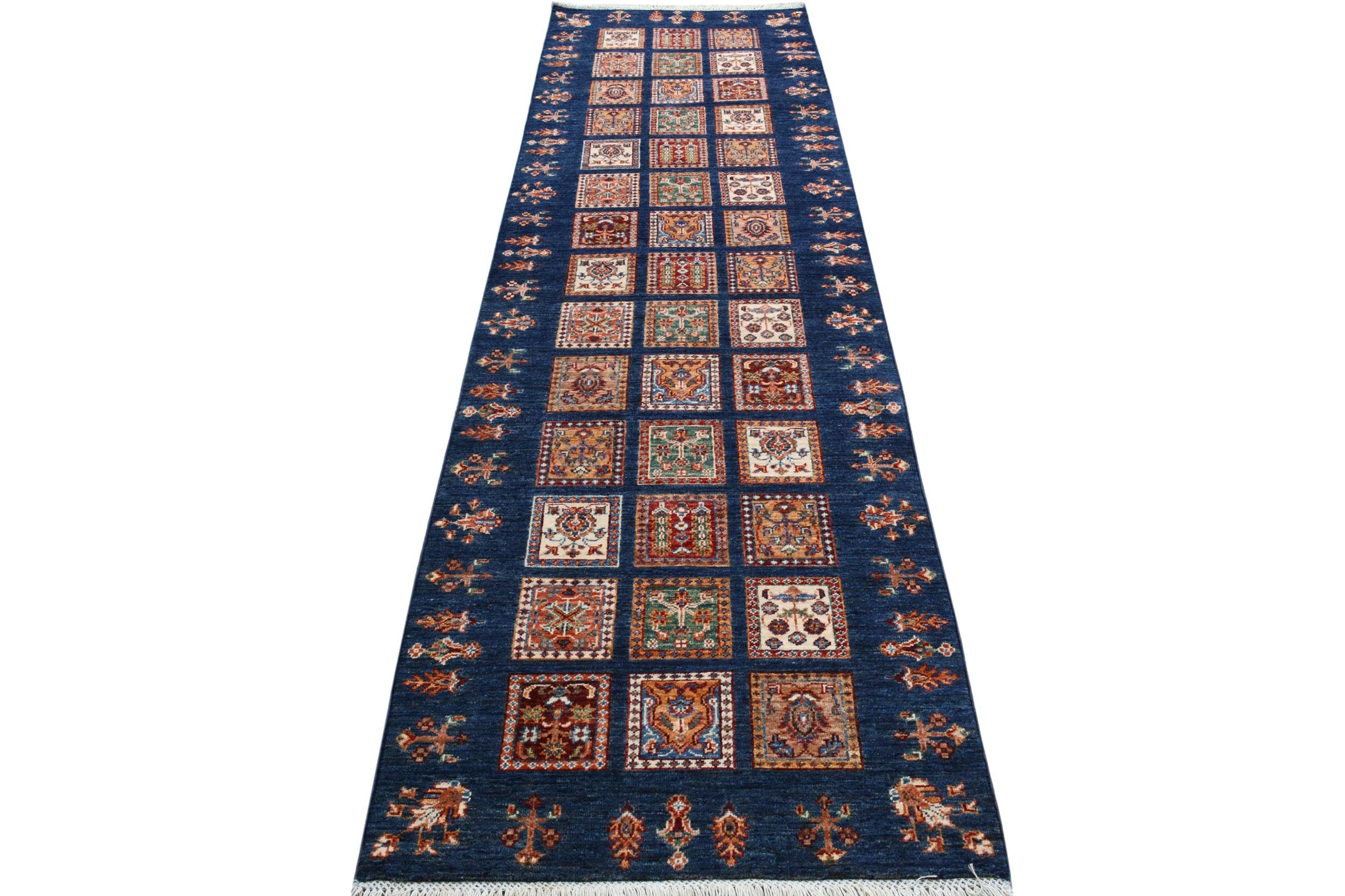 handmade Geometric Kurjean Blue Gold Hand Knotted RUNNER 100% WOOL area rug 3x10