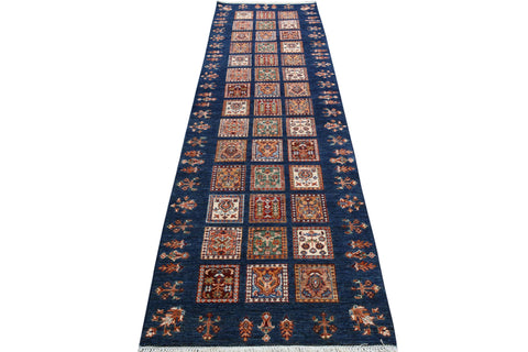 handmade Geometric Kurjean Blue Gold Hand Knotted RUNNER 100% WOOL area rug 3x10