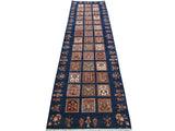 handmade Geometric Khurgeen Blue Gold Hand Knotted RUNNER 100% WOOL area rug 3x10