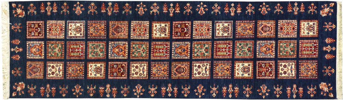 handmade Geometric Kurjean Blue Gold Hand Knotted RUNNER 100% WOOL area rug 3x10