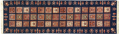 handmade Geometric Kurjean Blue Gold Hand Knotted RUNNER 100% WOOL area rug 3x10