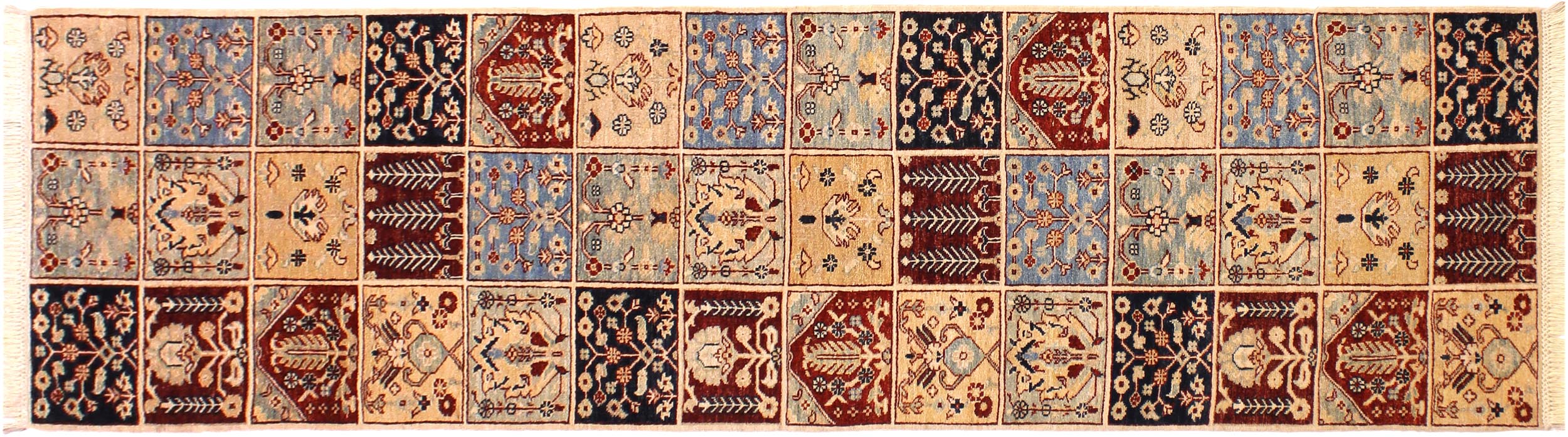 handmade Geometric Kurjean Beige Blue Hand Knotted RUNNER 100% WOOL area rug 3x10