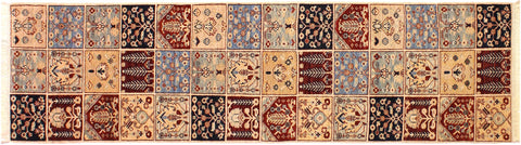 handmade Geometric Kurjean Beige Blue Hand Knotted RUNNER 100% WOOL area rug 3x10