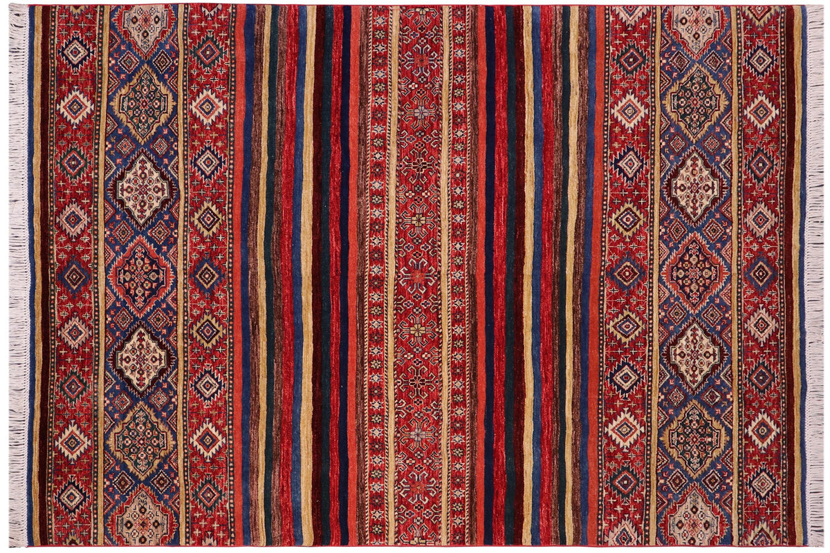 handmade Geometric Kurjean Red Blue Hand Knotted RECTANGLE 100% WOOL area rug 6x8
