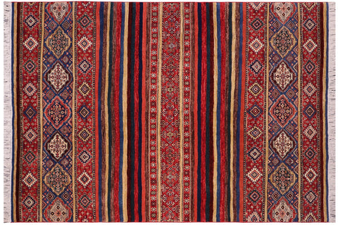 handmade Geometric Kurjean Red Blue Hand Knotted RECTANGLE 100% WOOL area rug 6x8