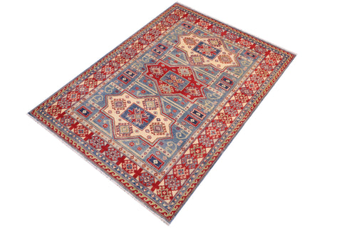 handmade Geometric Kazak Light Blue Beige Hand Knotted RECTANGLE 100% WOOL area rug 5x7