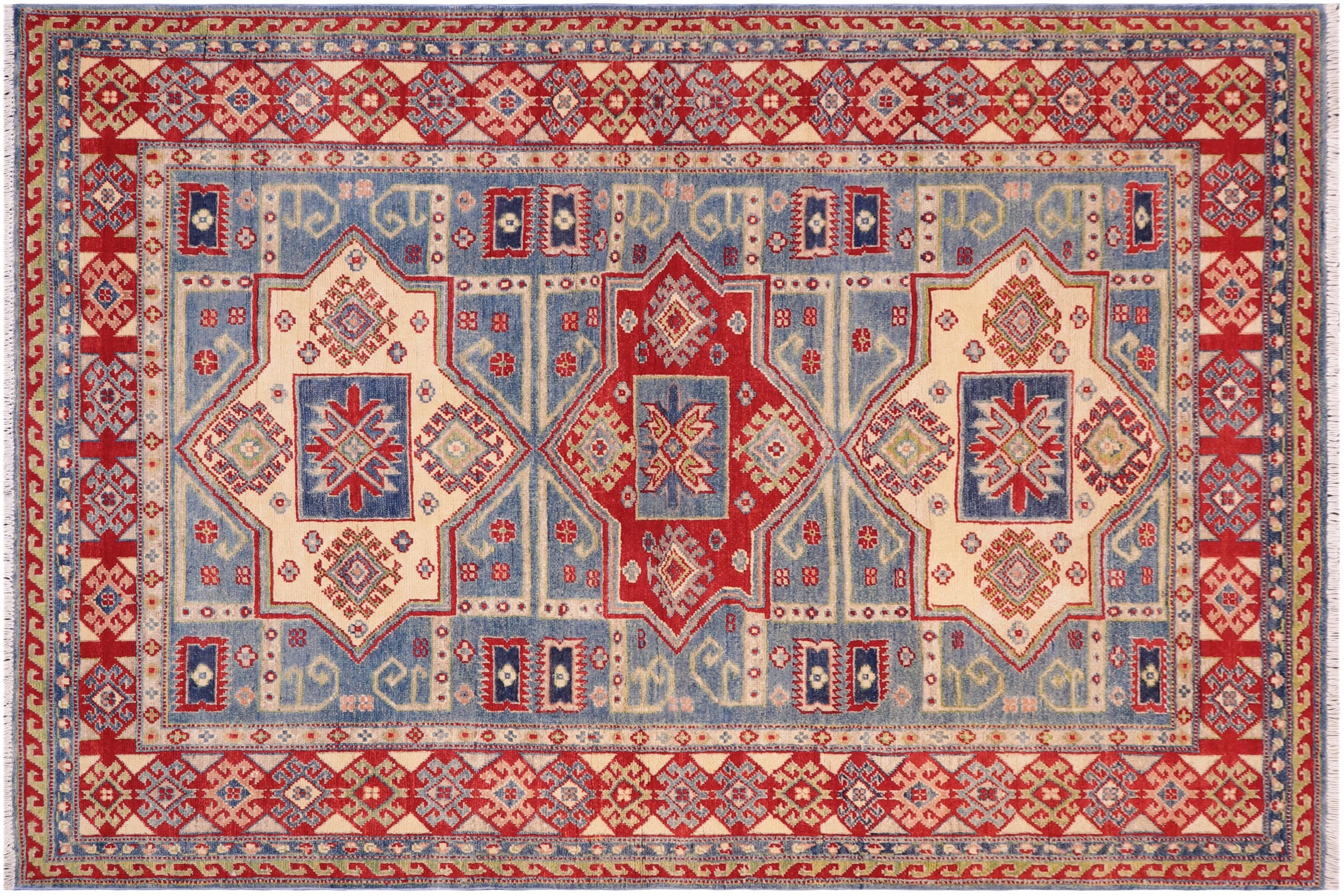 handmade Geometric Kazak Light Blue Beige Hand Knotted RECTANGLE 100% WOOL area rug 5x7