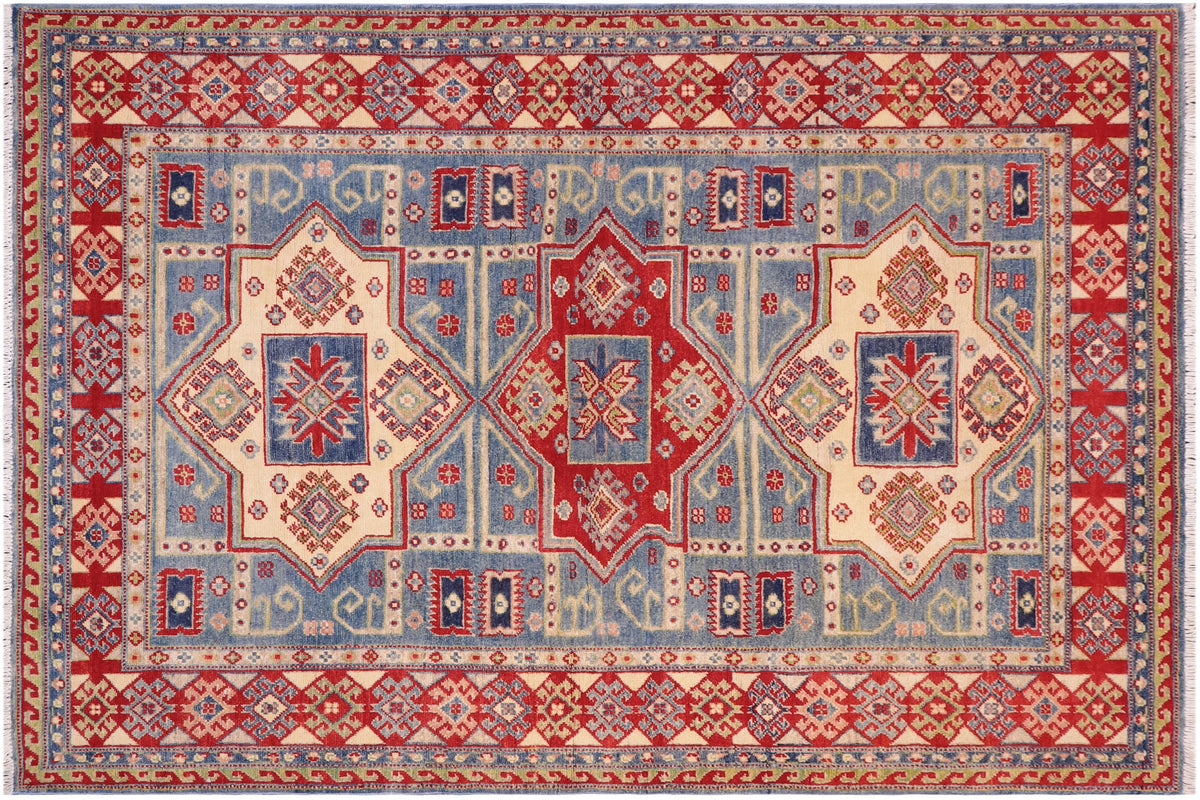 handmade Geometric Kazak Light Blue Beige Hand Knotted RECTANGLE 100% WOOL area rug 5x7