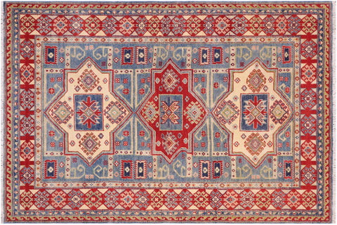 handmade Geometric Kazak Light Blue Beige Hand Knotted RECTANGLE 100% WOOL area rug 5x7
