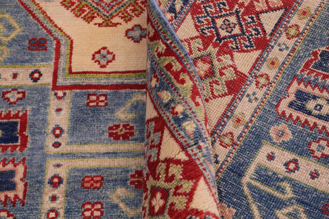 handmade Geometric Kazak Light Blue Beige Hand Knotted RECTANGLE 100% WOOL area rug 5x7