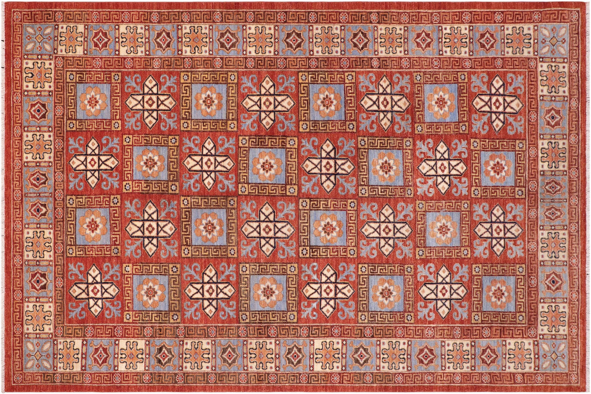 handmade Geometric Kafkaz Rust Lt. Blue Hand Knotted RECTANGLE 100% WOOL area rug 6' x 9'