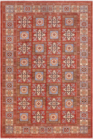 handmade Traditional Kafkaz Rust Lt. Blue Hand Knotted RECTANGLE 100% WOOL area rug 6X9