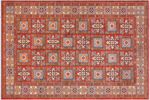 handmade Geometric Kafkaz Rust Lt. Blue Hand Knotted RECTANGLE 100% WOOL area rug 6' x 9'