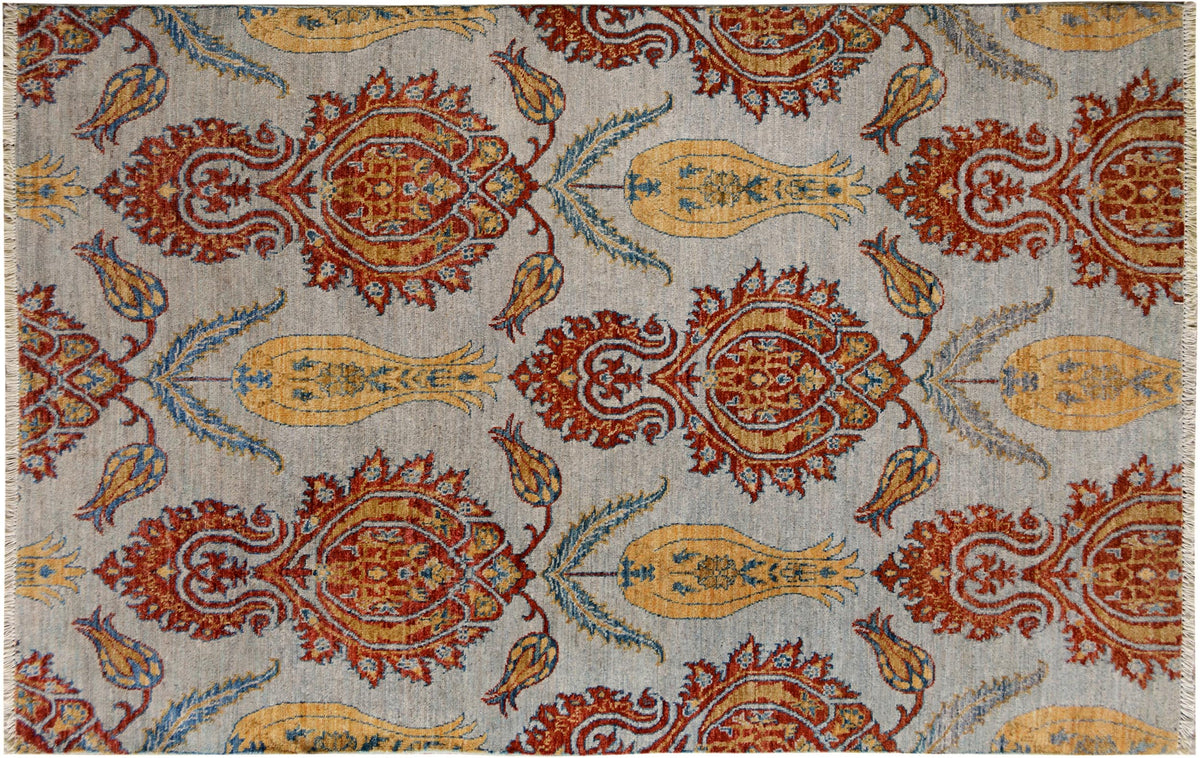 handmade Modern Kafkaz Gray Blue Hand Knotted RECTANGLE 100% WOOL area rug 4' x 6'