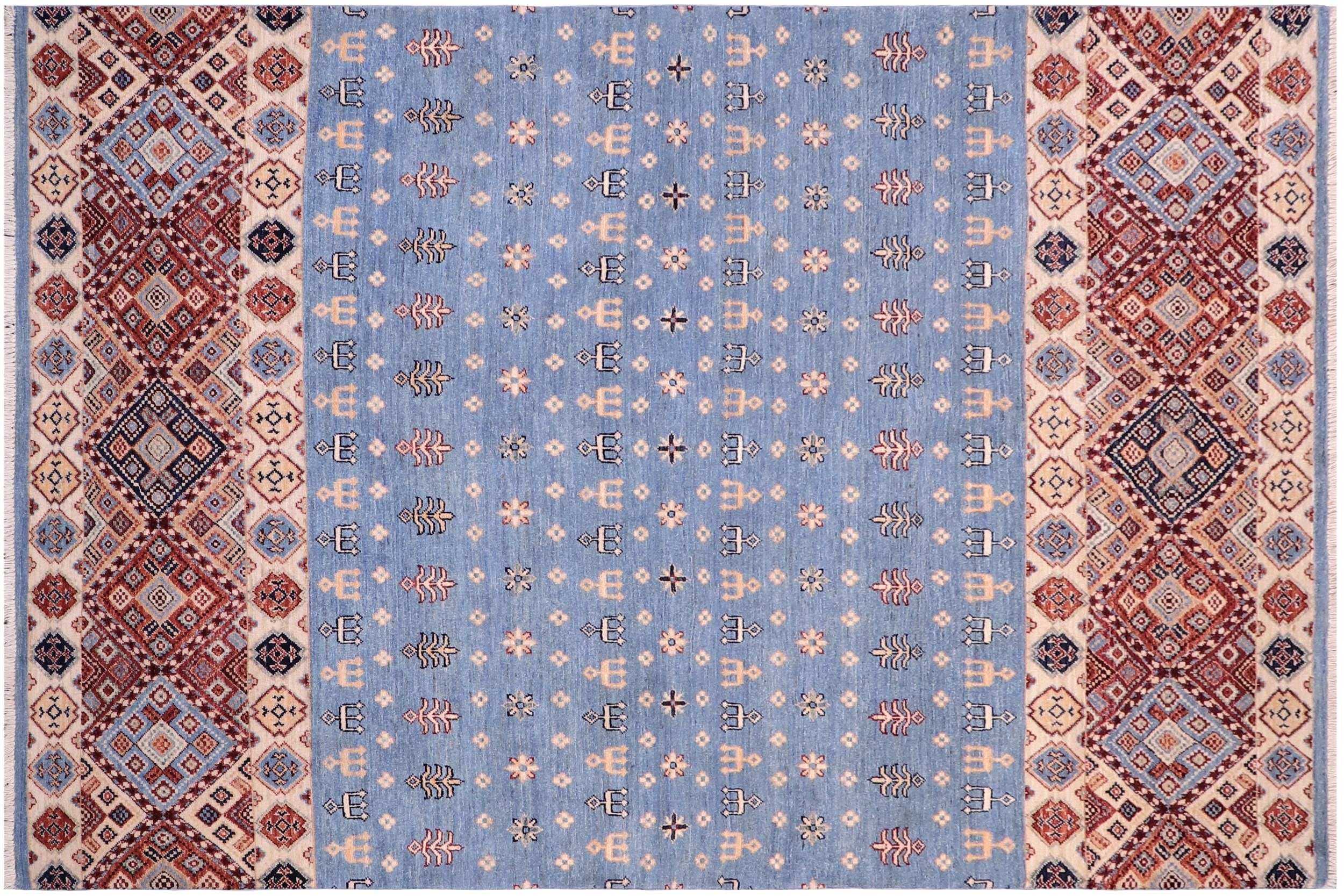 handmade Geometric Kurjean Blue Beige Hand Knotted RECTANGLE 100% WOOL area rug 5x8
