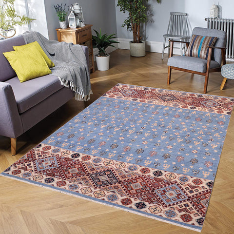 handmade Geometric Kurjean Blue Beige Hand Knotted RECTANGLE 100% WOOL area rug 5x8