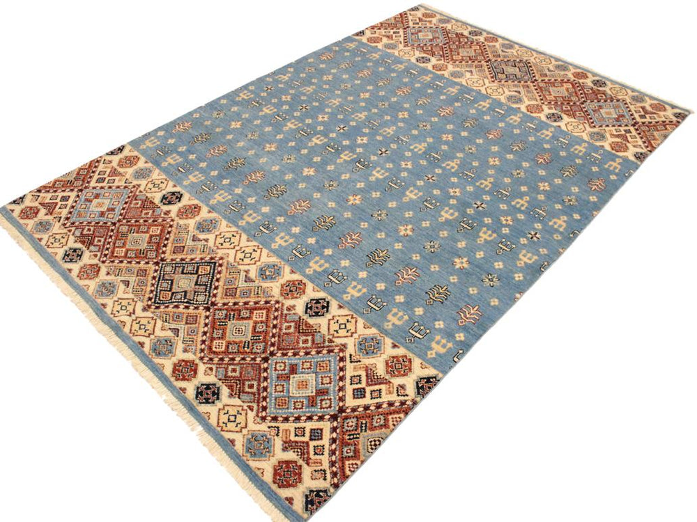 handmade Geometric Khorgeen Blue Beige Hand Knotted RECTANGLE 100% WOOL area rug 5x8