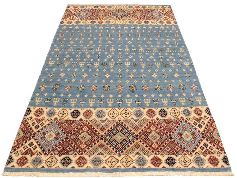 handmade Geometric Khorgeen Blue Beige Hand Knotted RECTANGLE 100% WOOL area rug 5x8