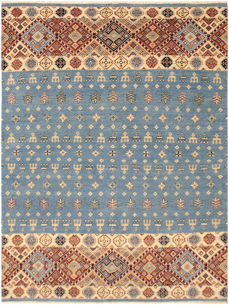 handmade Geometric Khorgeen Blue Beige Hand Knotted RECTANGLE 100% WOOL area rug 5x8