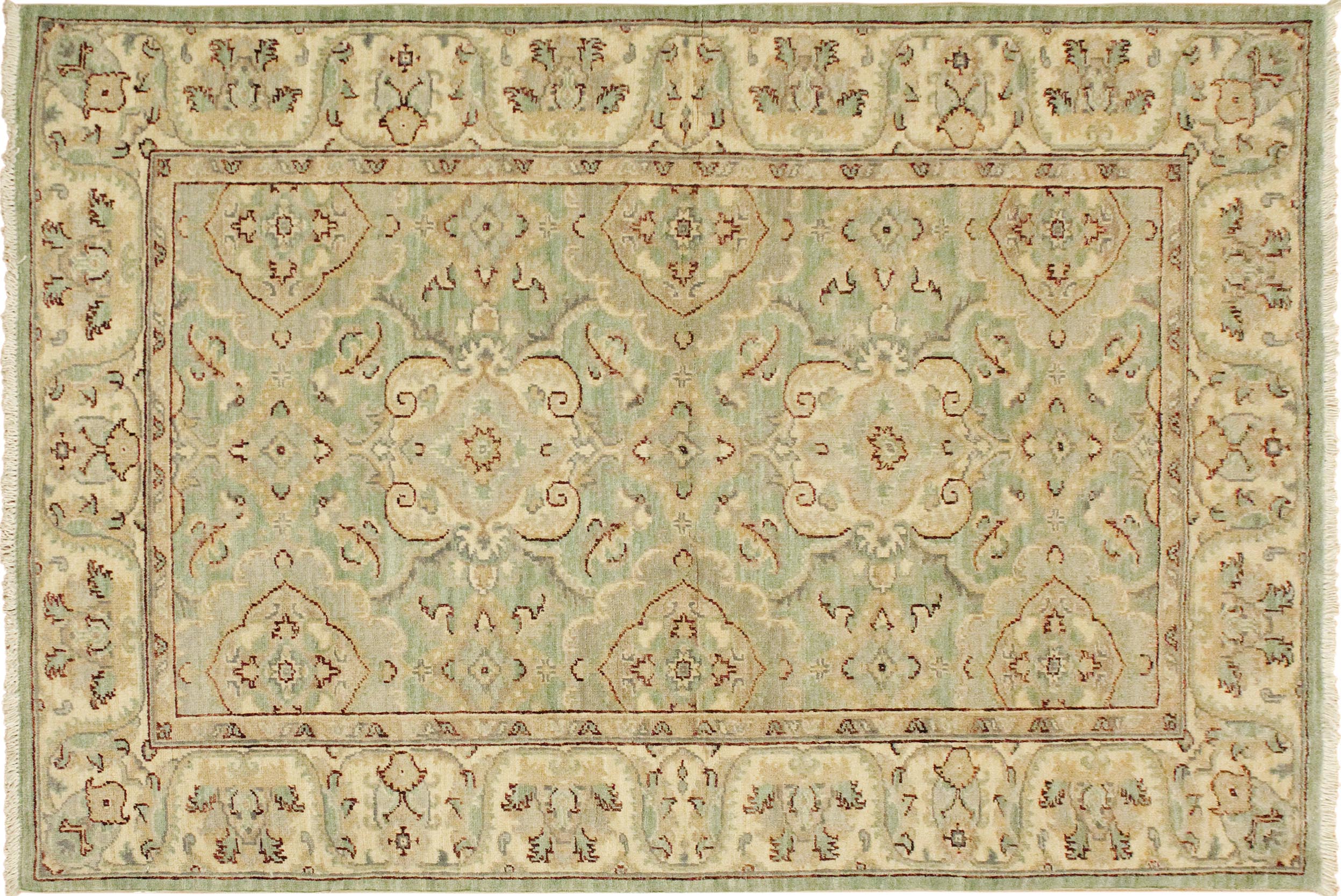 handmade Traditional Kafkaz Lt. Green Ivory Hand Knotted RECTANGLE 100% WOOL area rug 4x6