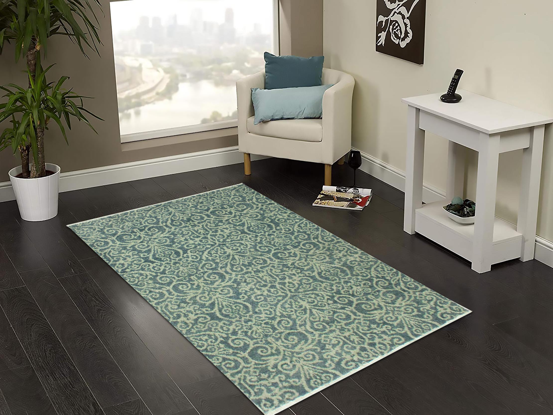 handmade Transitional Cryena Green Blue Lt. Green Hand Knotted RECTANGLE WOOL&SILK area rug 4' x 6'