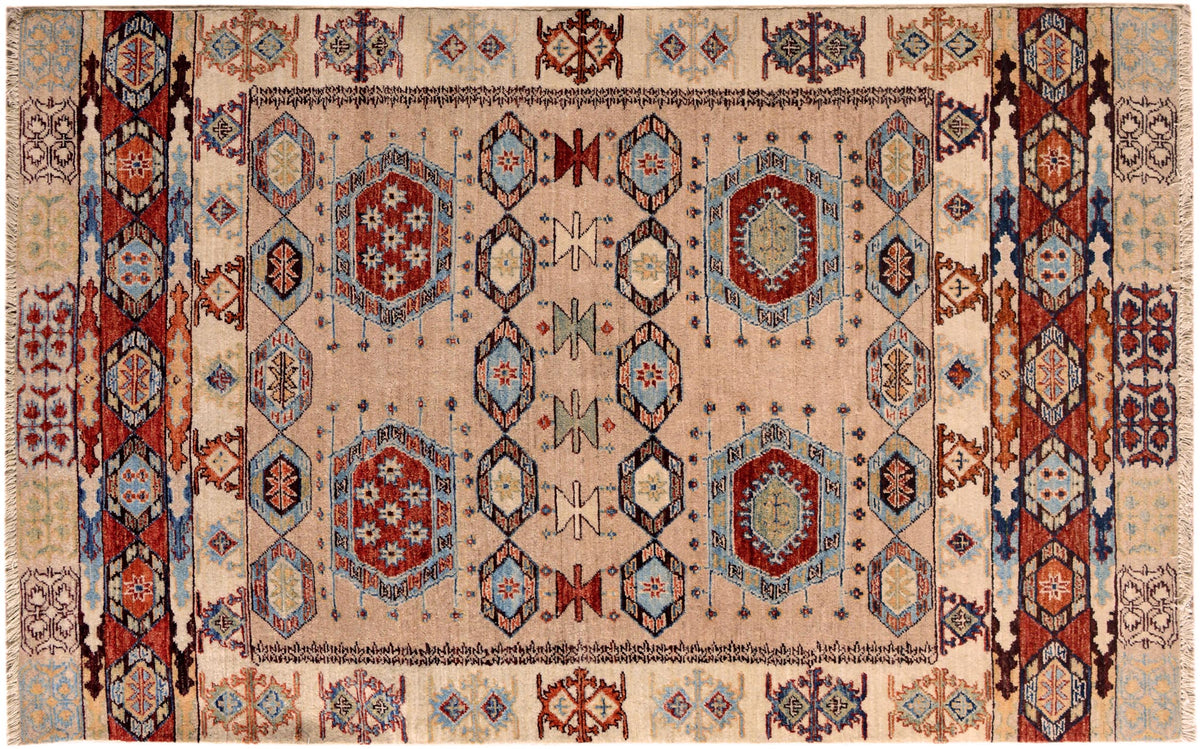 handmade Geometric Kurjean Tan Rust Hand Knotted RECTANGLE 100% WOOL area rug 4x6