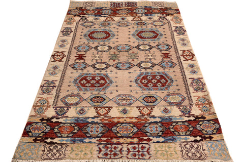 handmade Geometric Kurjean Tan Rust Hand Knotted RECTANGLE 100% WOOL area rug 4x6