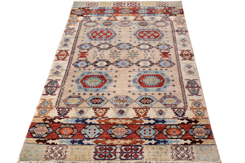 handmade Geometric Kurjean Tan Rust Hand Knotted RECTANGLE 100% WOOL area rug 4x6