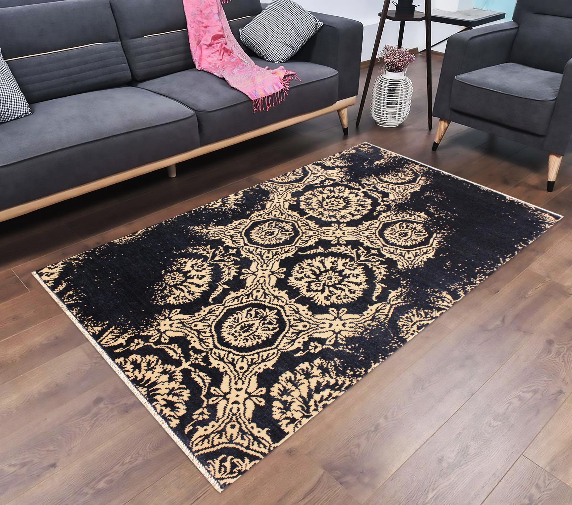 handmade Modern Abstract Blue Ivory Hand Knotted RECTANGLE WOOL&VISCOU area rug 4' x 6'