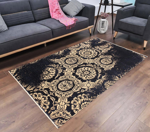 handmade Modern Abstract Blue Ivory Hand Knotted RECTANGLE WOOL&VISCOU area rug 4' x 6'