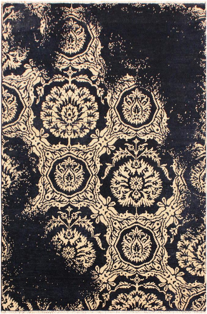 handmade Modern Abstract Blue Ivory Hand Knotted RECTANGLE WOOL&VISCOU area rug 4X6