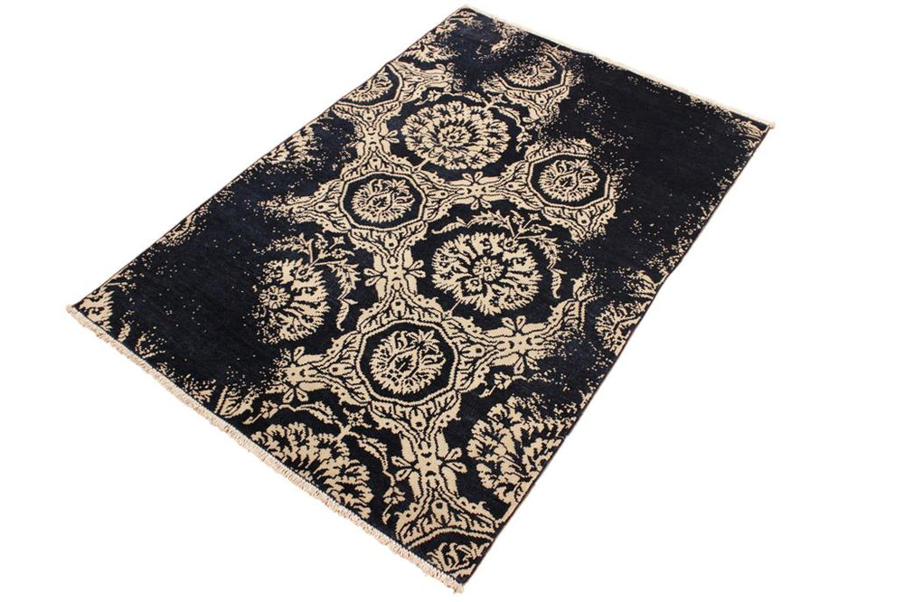 handmade Modern Abstract Blue Ivory Hand Knotted RECTANGLE WOOL&VISCOU area rug 4X6