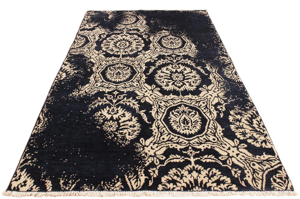 handmade Modern Abstract Blue Ivory Hand Knotted RECTANGLE WOOL&VISCOU area rug 4X6